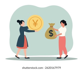Illustration eines Devisenwechsels zwischen zwei Frauen, Vektorkunst
