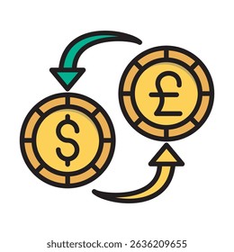 Ilustração de um processo de câmbio de moeda entre o dólar dos EUA e a libra esterlina britânica. O design apresenta uma seta que representa a transação
