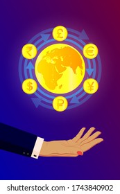 Illustration for currency exchange. Symbols of money, currencies of different countries of the world are located on arrows around the Earth. For financial company, bank, exchange office. Vector