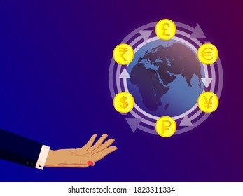 Illustration for currency exchange. Symbols of money, currencies of different countries of the world are located on arrows around the Earth. For financial company, bank, exchange office. Vector