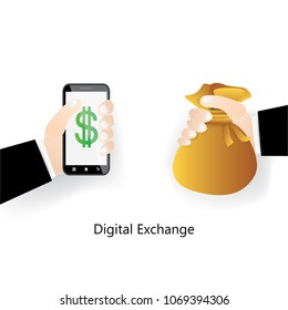 Illustration of currency.The money exchange by smartphone on digital system.