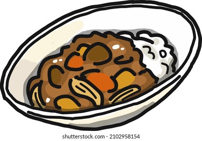 It is an illustration of curry rice. Contains potatoes, meat, carrots and onions.