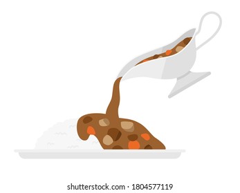 Illustration of curry rice on a plate and gravy boat.