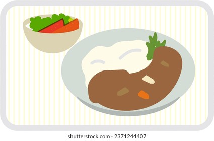 An Illustration of Curry and Rice with a Tomato Salad.A rough effect is applied. It has been expanded.