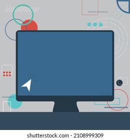 Illustration Of Cursor In A Big Blank Screen Monitor Searching For New Wonderful Ideas. Empty Television Drawing With A Pointer Finding Old Amazing Concept.