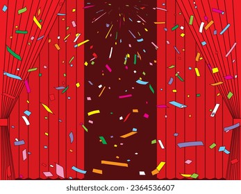 Illustration of curtains and confetti