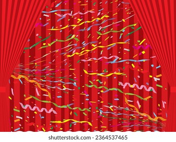 Illustration of curtains and confetti and tape