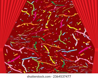 Illustration of curtains and confetti and tape