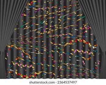 Illustration of curtains and confetti and tape