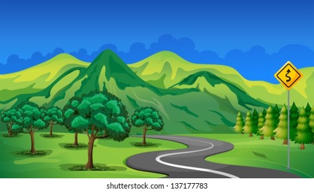 Illustration of a curve road going to the mountain
