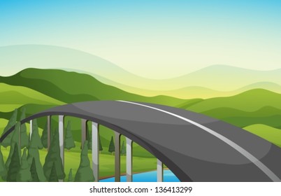 Ilustración de una carretera curva con pinos
