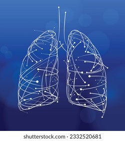 Illustration of curves and dots arranged to form the shape of a human lung on a dark blue background. It feels modern, dynamic, and moderately tech-savvy. Used in medical and industry