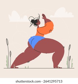 Illustration of a curvy black woman doing yoga in the warrior pose outside. A healthy lifestyle and body positive concept. Calmness and relaxation.