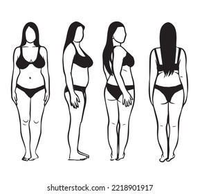 Illustration curvy woman wearing underwear in front  side   back poses  Vector drawing isolated white background 
