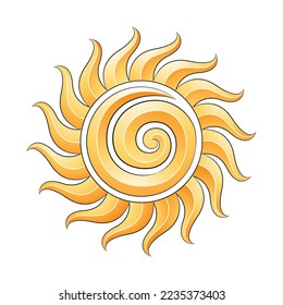 Illustration of Curvy Yellow Embossed Spiral Sun Icon with Black Outlines isolated on a White Background