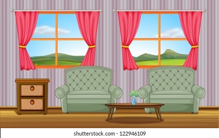 Illustration of cushion chairs and side table in a room