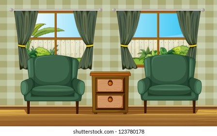 Illustration of a cushion chairs and side table in a room