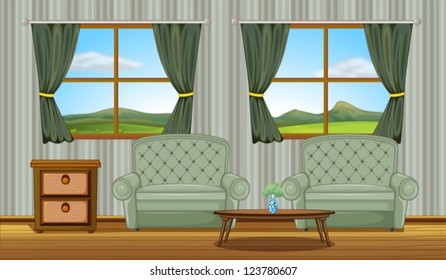Ilustración de sillas de cojín y mesa lateral en una habitación