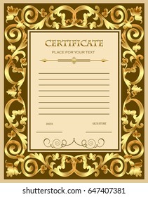 Illustration of a custom certificate template with gold ornaments .