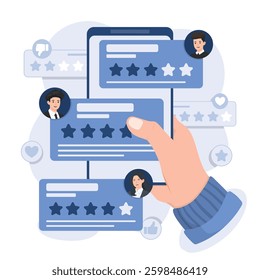 Illustration of customer feedback and review concept. Depicts rating, survey, and opinion sharing for businesses