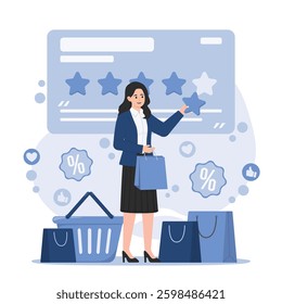 Illustration of customer feedback and review concept. Depicts rating, survey, and opinion sharing for businesses
