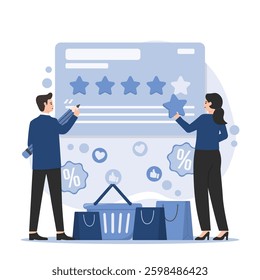 Illustration of customer feedback and review concept. Depicts rating, survey, and opinion sharing for businesses