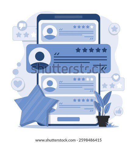 Illustration of customer feedback and review concept. Depicts rating, survey, and opinion sharing for businesses