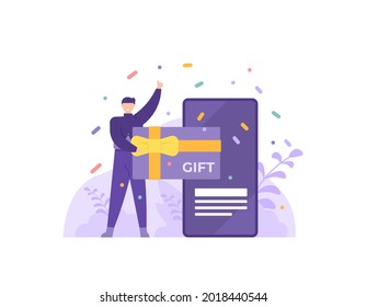 illustration of a customer getting a digital gift card from a smartphone. the concept of discount, voucher, offer, gift for loyal customers. promotion and loyalty program. flat cartoon style