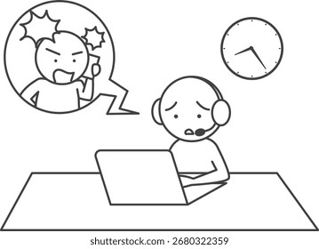 Illustration eines Kunden, der eine Beschwerde über das Telefon für eine lange Zeit.  Einfache Strichfigur, Vektorgrafik der Belästigung durch den Kunden.