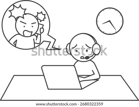 Illustration of a customer making a complaint over the phone for a long time.  Simple stick figure vector drawing of harassment from customer.