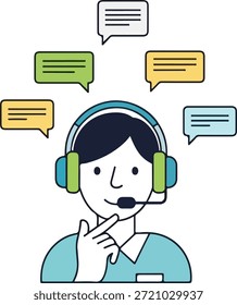 Ilustração de um representante do atendimento ao cliente usando um fone de ouvido, rodeado por várias bolhas de fala, indicando comunicação e suporte.