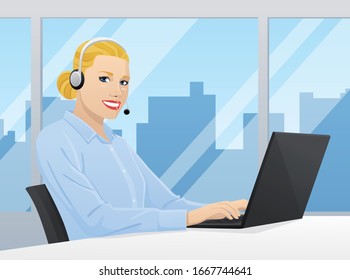 Illustration of customer service woman sitting at her desk and working on laptop