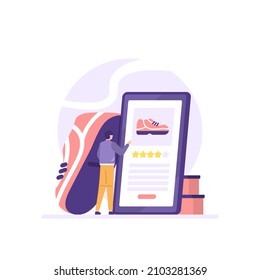 illustration of a customer shopping for shoes online on a smartphone. e-commerce. online shopping concept, shoe store, virtual market. business and technology. flat cartoon style. vector design