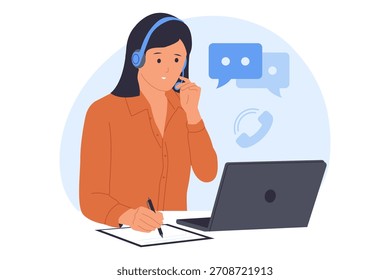 Illustration von Kundensupport und Call Center Service. Eine Frau mit einem Headset, das Kunden Unterstützung und Kommunikation bietet.