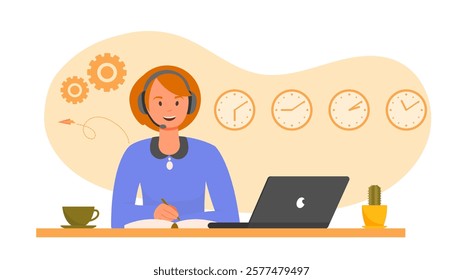 Illustration of a customer support representative wearing a headset, working at a desk with a laptop, coffee cup, and cactus. Clocks and gears in background. Vector illustration