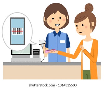 It is an illustration of a customer who pays electronic money and a female clerk.