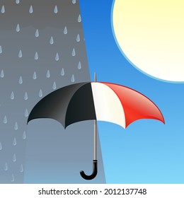 Illustration cut in half with an umbrella under a rainy sky on one side and a parasol under a sun in a blue sky on the other side representing the different climate protections