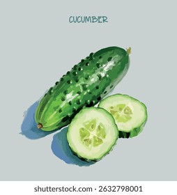 Illustration of a cut piece of cucumber. Watercolor style. Vector