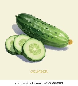 Illustration of a cut piece of cucumber. Watercolor style. Vector