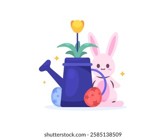 illustration of a cute, adorable and adorable bunny with a sprinkler and easter eggs. celebration and happy easter. facial expression. decoration, ornament, flat style character design. element