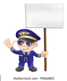 Illustration of a cute airplane pilot character waving and holding message sign