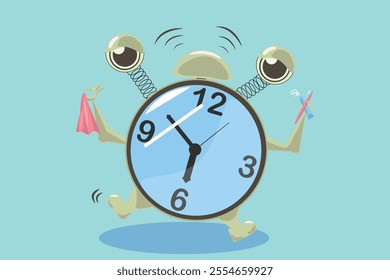 illustration of a cute alarm clock carrying a towel and toothbrush telling children to prepare for going to school