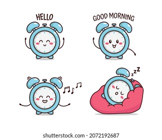 Illustration of cute alarm doing greeting, say hello, singing, and sleeping. Kawaii vector drawing. Suitable for logo, icon, sticker, etc.