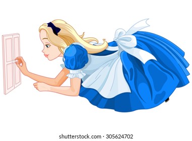 Ilustração de bonito Alice tentando abrir porta pequena