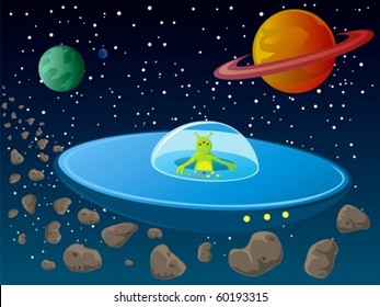 An illustration of a cute alien flying in a spaceship.