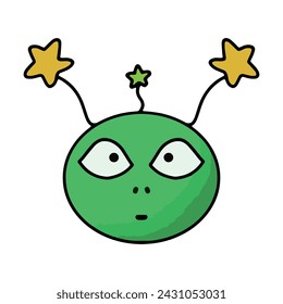 Illustration of a cute alien with a green face and an antenna with two large yellow stars and a small green star on its head.