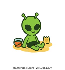 ilustração Alien bonito brincando na areia