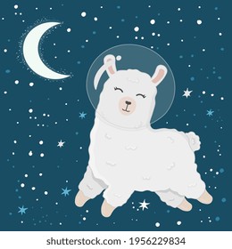 Illustration with cute alpaca astronaut on starry space background. Perfect for posters, greeting cards and other design. Cute llama