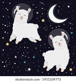 Illustration with cute alpaca astronauts on starry space background. Perfect for posters, greeting cards and other design. Cute llama