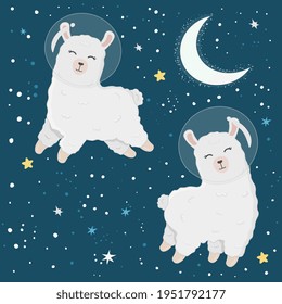 Illustration with cute alpaca astronauts on starry space background. Perfect for posters, greeting cards and other design. Cute llama